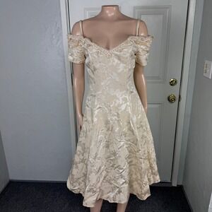 Vintage 80s 90s Karen Lucas Niki Prom Dress 8 Brocade Floral Cold Shoulder C3-2